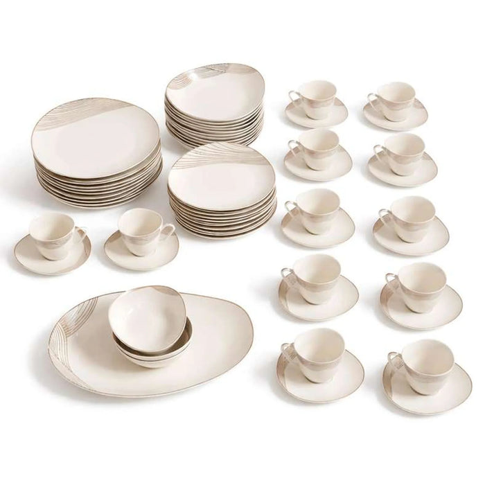 Set of ceramic dinnerware including plates, bowls, and cups on a white background