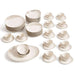 Set of ceramic dinnerware including plates, bowls, and cups on a white background