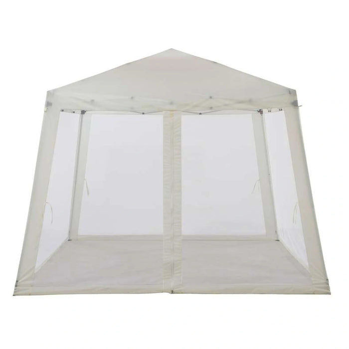 Beige outdoor canopy tent with mesh sides on a white background