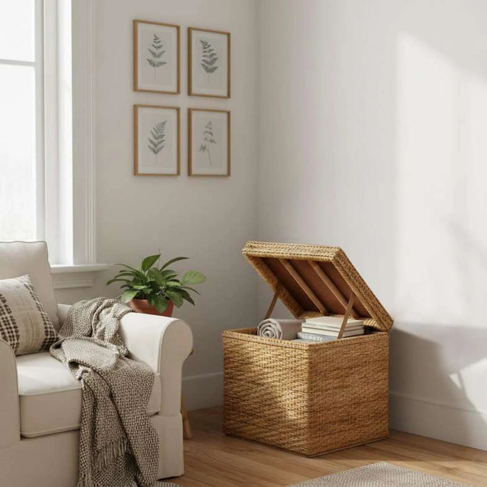 Wicker storage basket with a lid in a living room setting.
