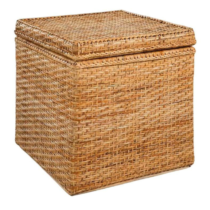 Woven storage basket with a lid on a white background