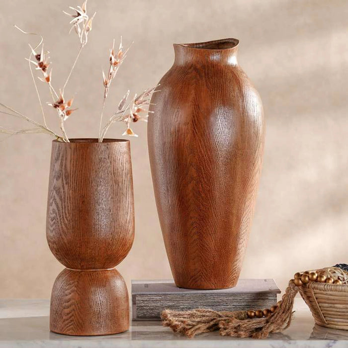 Scandic Polyresin Decor Vase With Wood Finish 16X16X35Cm - Brown