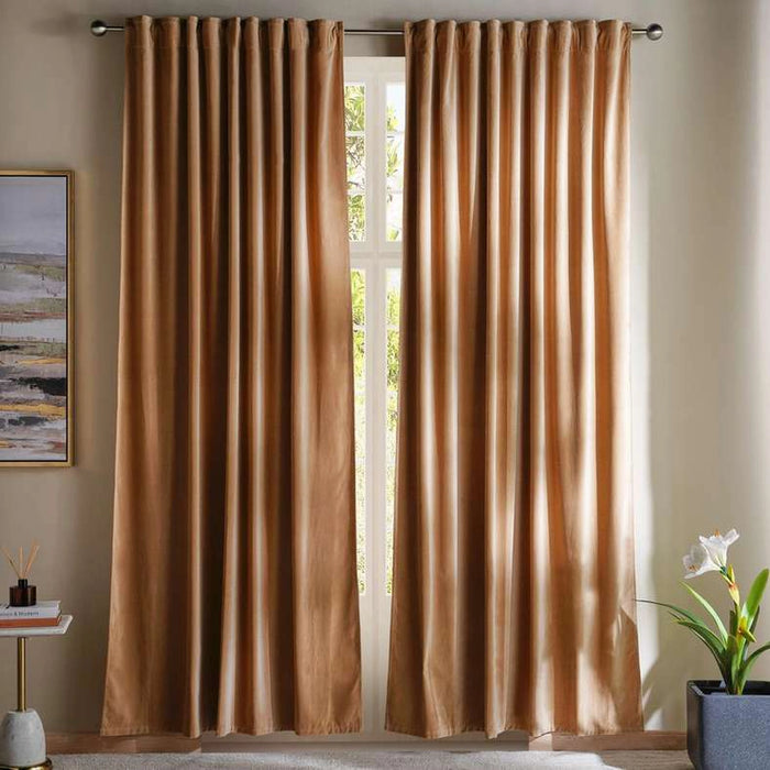 Serena Cotton Velvet Curtain Pair With Heading Tape-135X240- Beige