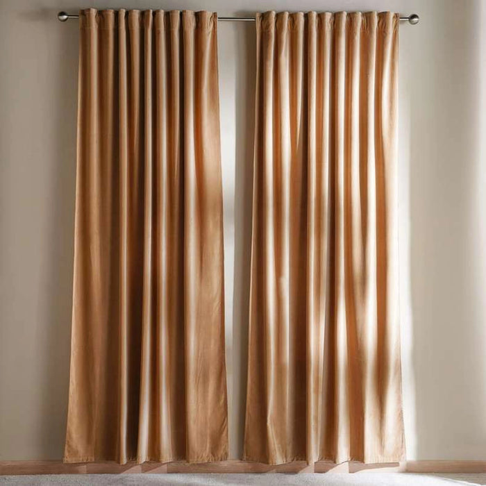 Serena Cotton Velvet Curtain Pair With Heading Tape-135X240- Beige