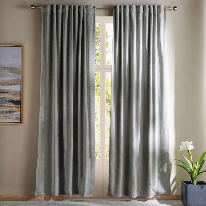 Serena Cotton Velvet Curtain Pair With Heading Tape-135X240- Grey