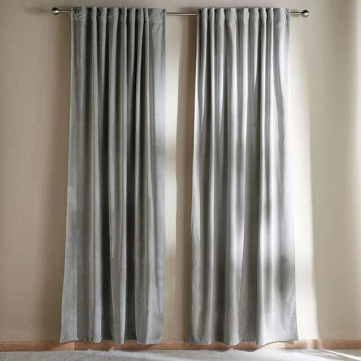 Serena Cotton Velvet Curtain Pair With Heading Tape-135X240- Grey PAN HOME