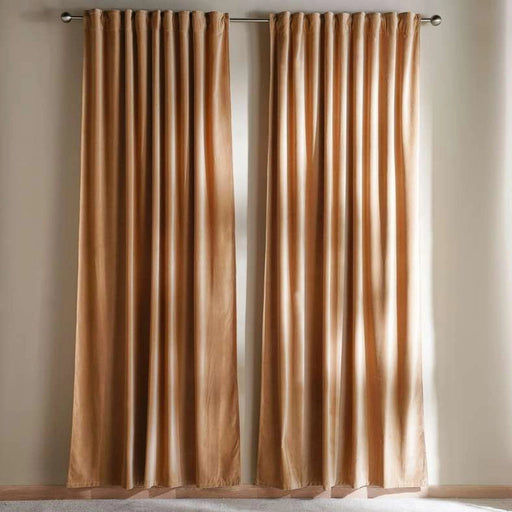 Serena Cotton Velvet Curtain Pair With Heading Tape-135X300- Beige PAN HOME