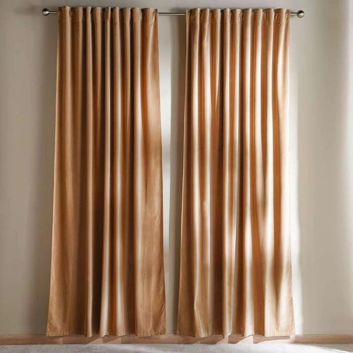 Serena Cotton Velvet Curtain Pair With Heading Tape-135X300- Beige