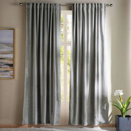 Serena Cotton Velvet Curtain Pair With Heading Tape-135X300- Grey PAN HOME