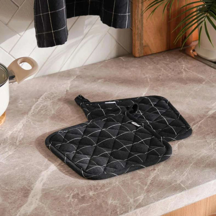 Serene Check 2 Piece Potholder Set 20X20Cm - Black