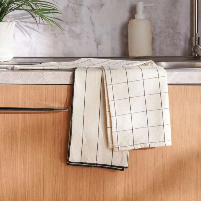 Serene Checks And Stripe 2 Piece Kitchen Towel Set 45X70Cm - Natural