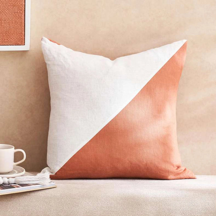 Serene Linen Patchwork Filled Cushion With Feather Insert -50X50 Cm- Rust