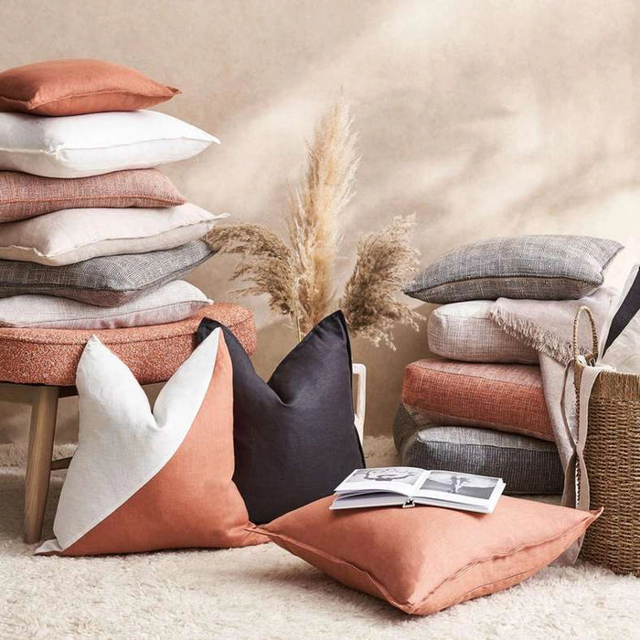 Serene Linen Patchwork Filled Cushion With Feather Insert -50X50 Cm- Rust