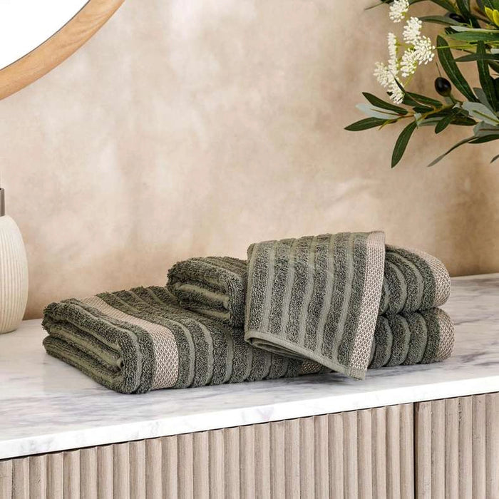 Serene Linen Stripe Terry Face Towel 30X50 Cm - Olive