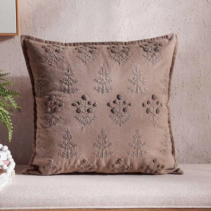 Serene Meadow Muse Hand Embroidered Down Alternative Filled Cushion 50X50Cm - Brown