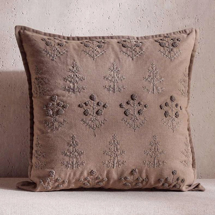 Serene Meadow Muse Hand Embroidered Down Alternative Filled Cushion 50X50Cm - Brown