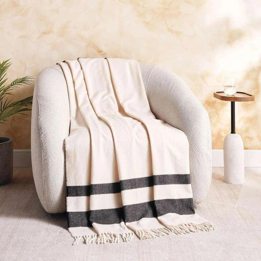 Serene Wool Stripe Border Fringed Throw 135X170Cm - Cream PAN HOME
