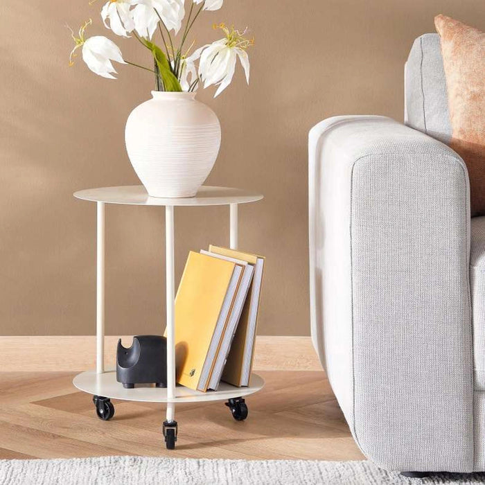 Serra End Table With 3 Wheels Metal Pan Home