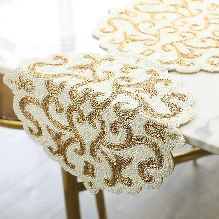 Shadeen Beaded Table Runner 33X91Cm-Ivory Gold