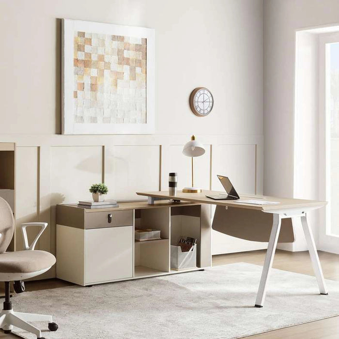 Shanil Executive Desk With Side Cabinet Melamine - Beige & White