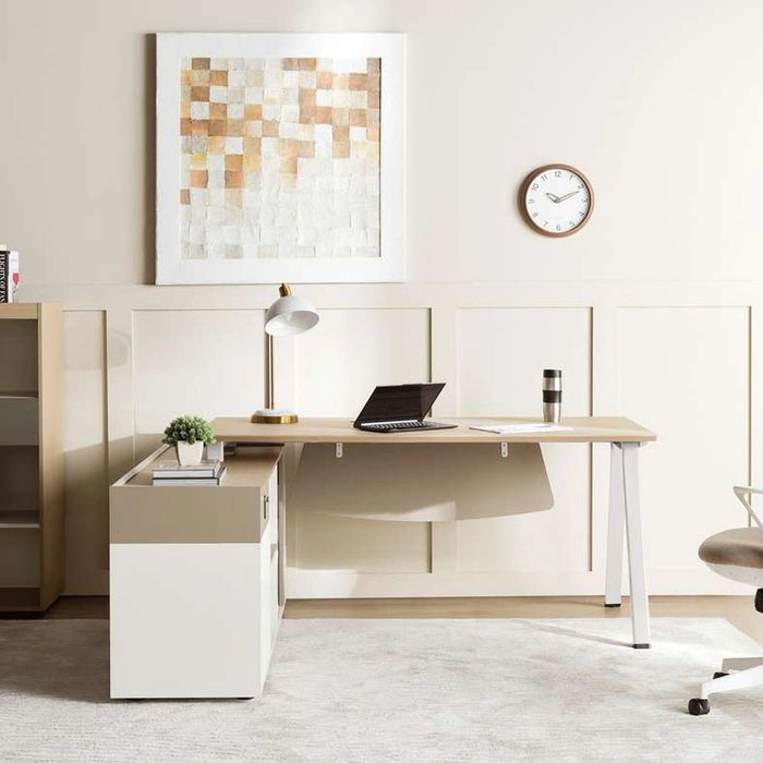 Shanil Executive Desk With Side Cabinet Melamine - Beige & White