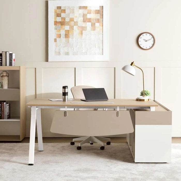 Shanil Executive Desk With Side Cabinet Melamine - Beige & White