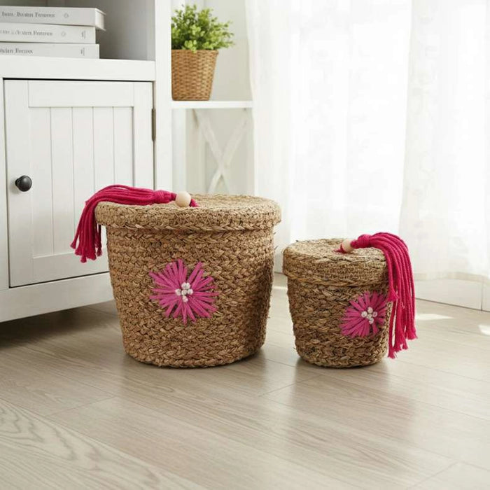 Sofia Paper Rope Flower Motif Basket 2 Pc Set Dia20X18.5Cm - Natural/Pink