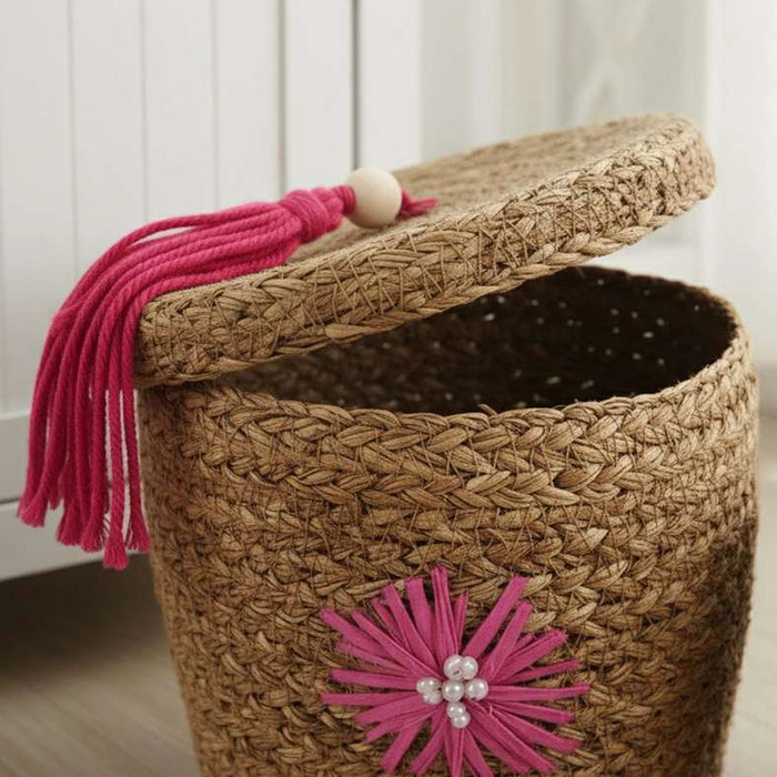 Sofia Paper Rope Flower Motif Basket 2 Pc Set Dia20X18.5Cm - Natural/Pink