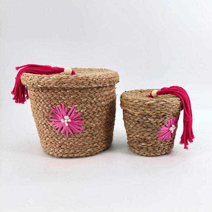 Sofia Paper Rope Flower Motif Basket 2 Pc Set Dia20X18.5Cm - Natural/Pink
