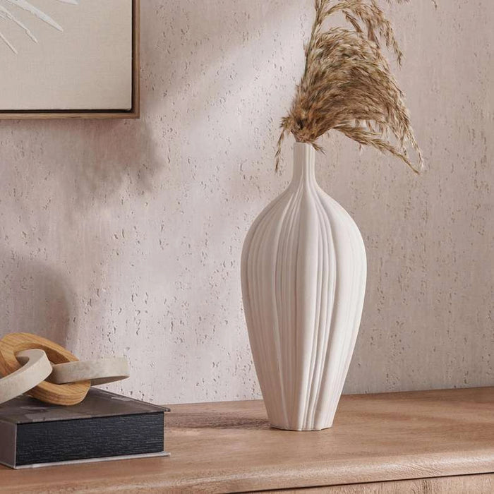 Solene Terraotta Vase With Ribbed Design 15.5X15.5X35Cm - White