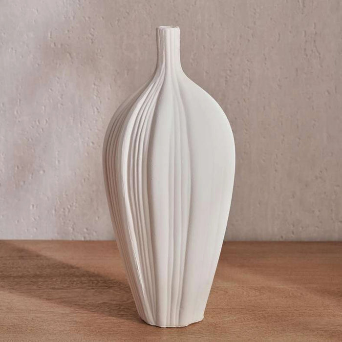 Solene Terraotta Vase With Ribbed Design 15.5X15.5X35Cm - White