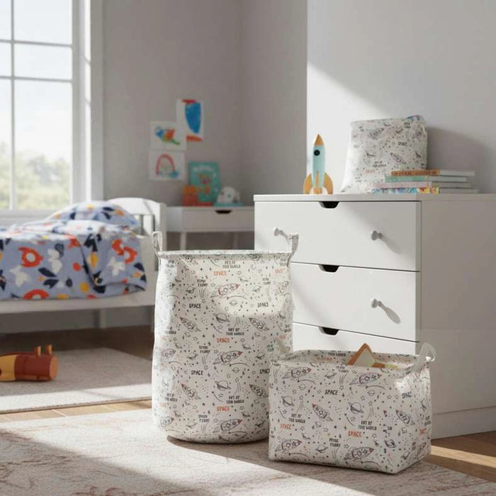 Space Printed Rectangular Storage Basket 36X26X25Cm - White/Multi