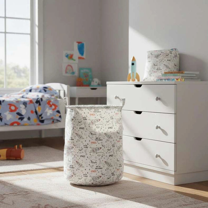 Space Printed Round Storage Basket 40X40X50Cm - White/Multi