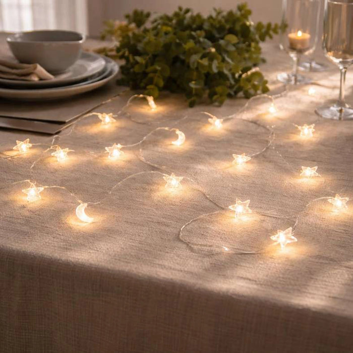 Star & Moon Outdoor String Light Ip44 Waterproof 3Xaa Battery With Light Mode Option 5M - White