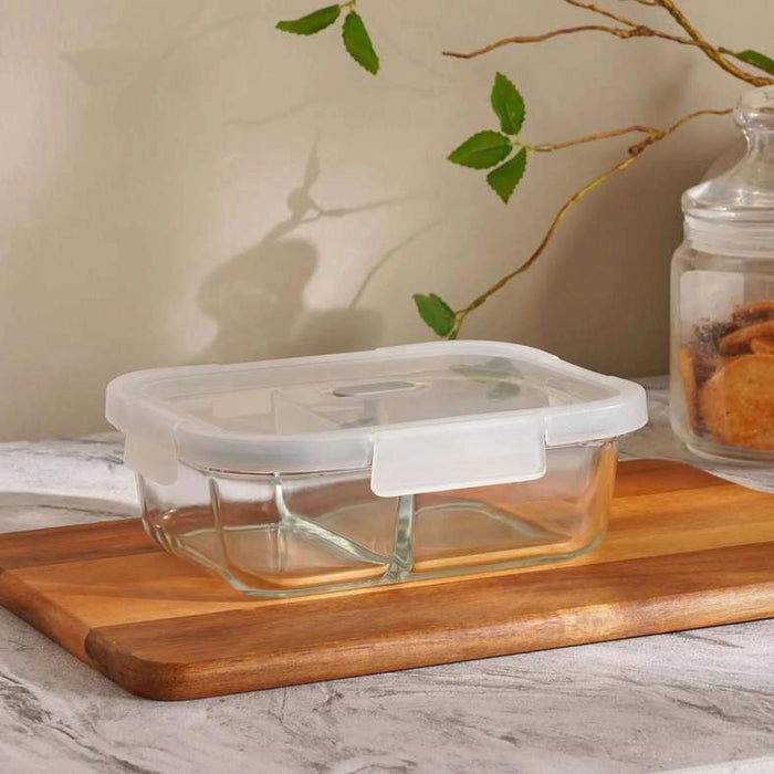 Superior Leakproof 2 Compartment Glass Rectangular Food Container 1.04L -Clear & Grey
