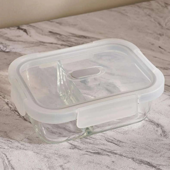 Superior Leakproof 2 Compartment Glass Rectangular Food Container 1.04L -Clear & Grey