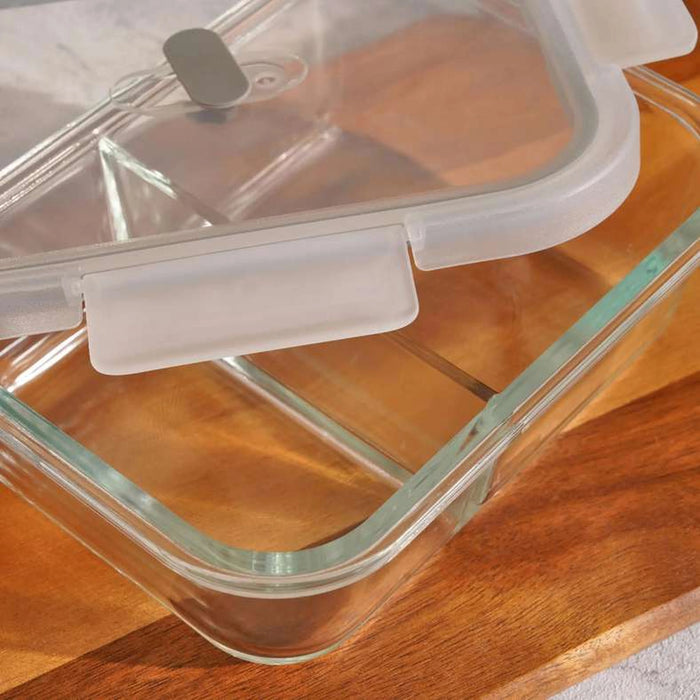 Superior Leakproof 2 Compartment Glass Rectangular Food Container 1.04L -Clear & Grey