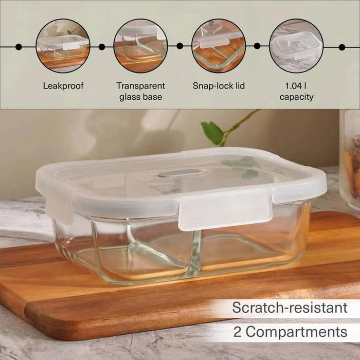 Superior Leakproof 2 Compartment Glass Rectangular Food Container 1.04L -Clear & Grey