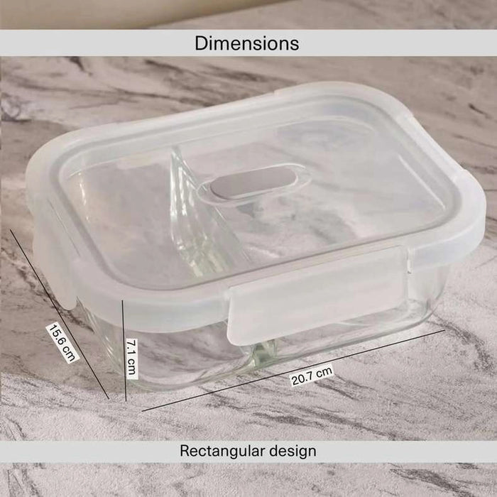 Superior Leakproof 2 Compartment Glass Rectangular Food Container 1.04L -Clear & Grey