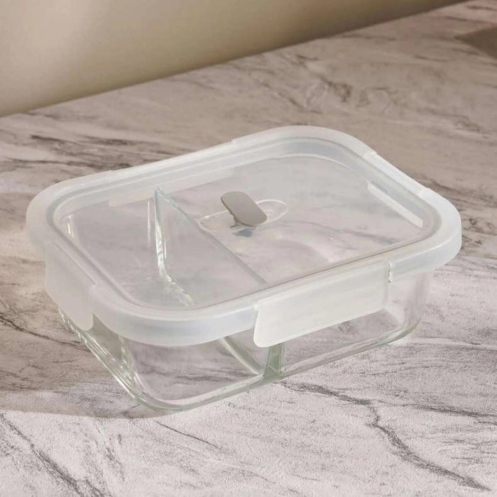 Superior Leakproof 2 Compartment Glass Rectangular Food Container 640Ml -Clear & Grey