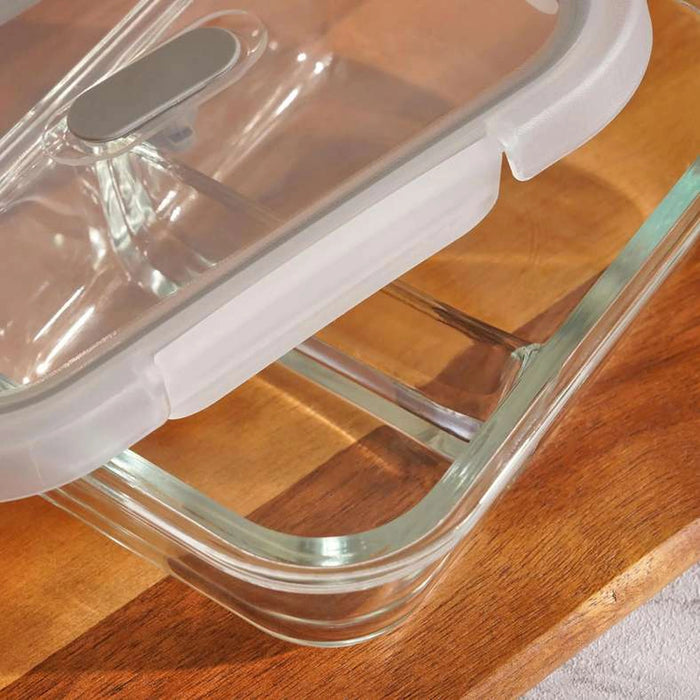 Superior Leakproof 2 Compartment Glass Rectangular Food Container 640Ml -Clear & Grey