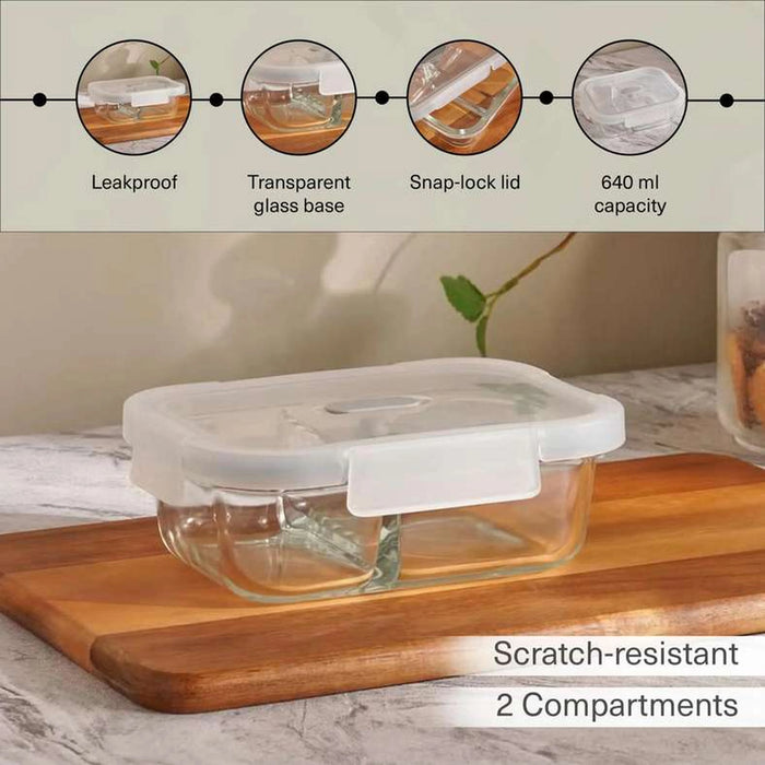 Superior Leakproof 2 Compartment Glass Rectangular Food Container 640Ml -Clear & Grey