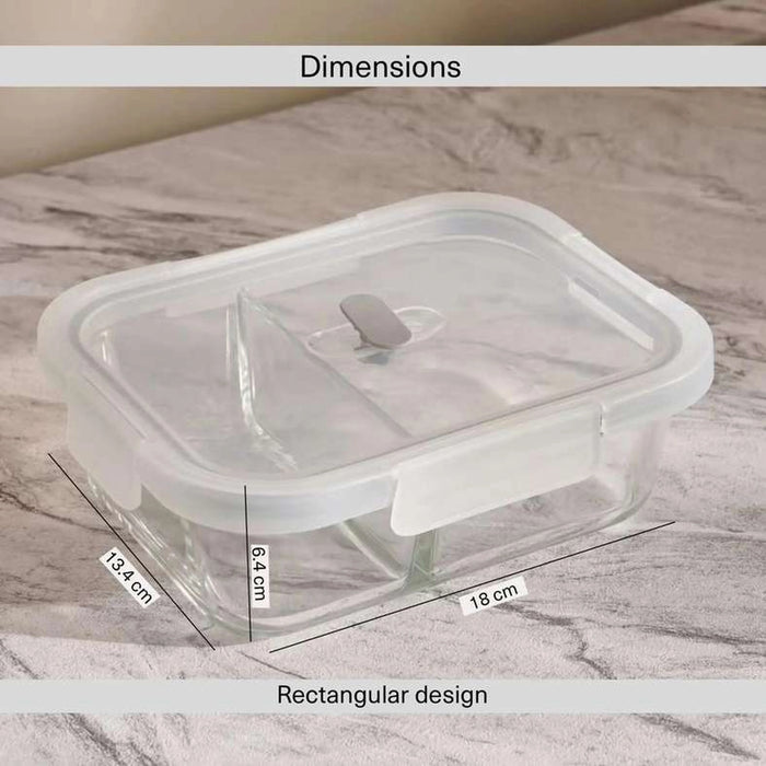 Superior Leakproof 2 Compartment Glass Rectangular Food Container 640Ml -Clear & Grey