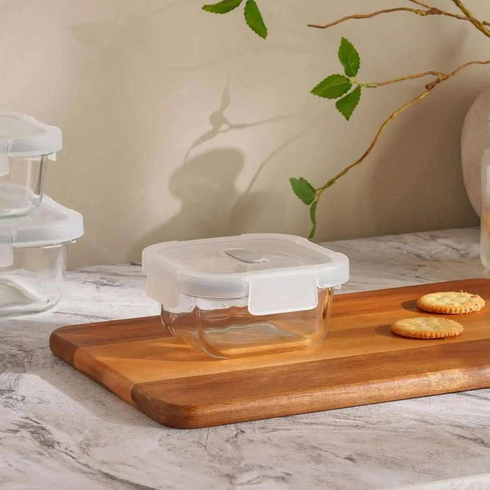 Superior Leakproof Glass Square Food Container 320Ml -Clear & Grey