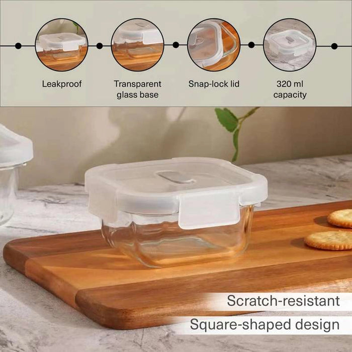 Superior Leakproof Glass Square Food Container 320Ml -Clear & Grey