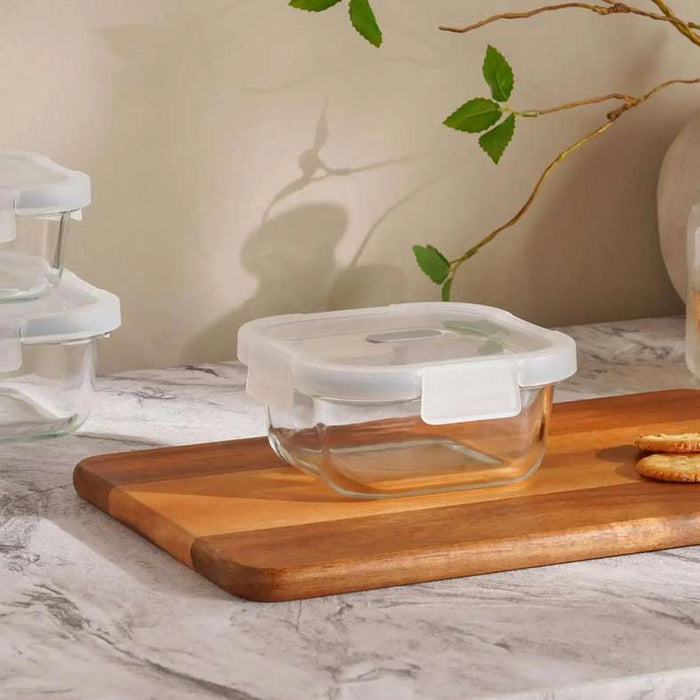 Superior Leakproof Glass Square Food Container 520Ml -Clear & Grey