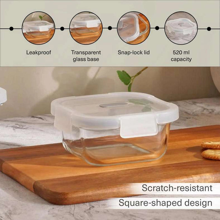 Superior Leakproof Glass Square Food Container 520Ml -Clear & Grey