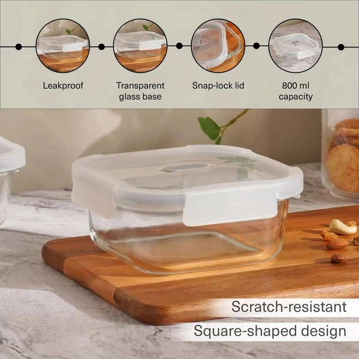 Superior Leakproof Glass Square Food Container 800Ml -Clear & Grey