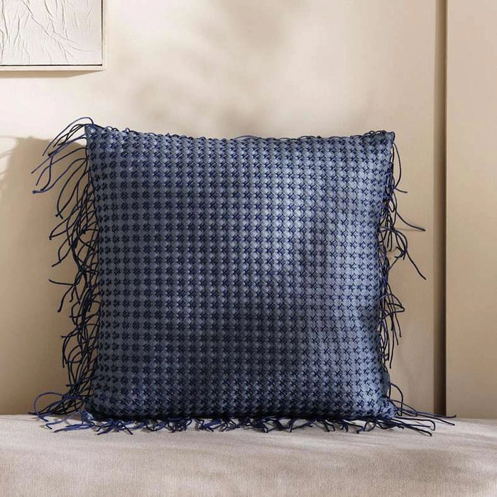 Symphony Pu Fringed Handmade Filled Cushion 50X50Cm - Blue