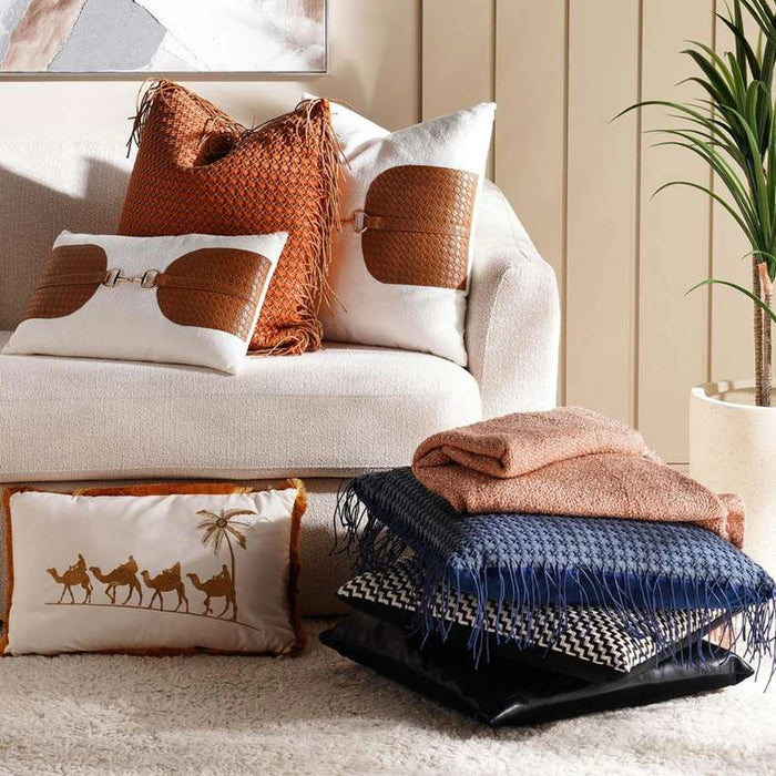 Symphony Pu Fringed Handmade Filled Cushion 50X50Cm - Blue